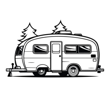 Siyah ve Beyaz Tarzlı Ağaçlı Retro Seyahat Karavanı