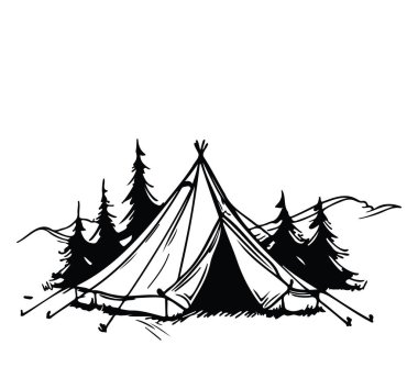 Siyah ve Beyaz Sanat Tarzı Çam Ağaçlarıyla çevrili Çadır