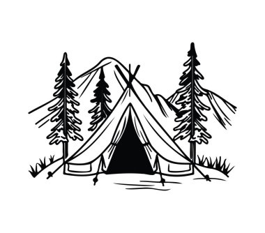 Dağlar ve ağaçlarla çevrili bir çadır.