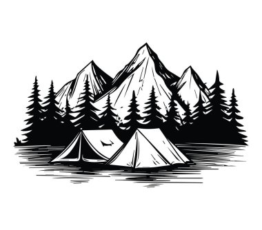 Majestic Dağı manzarasının önünde kamp çadırları