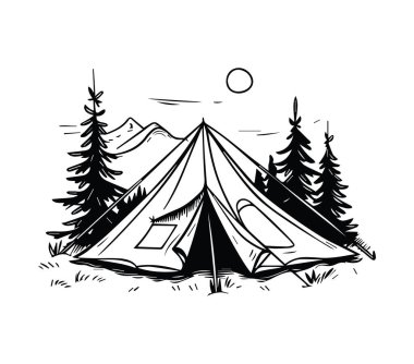 Doğadaki Çam Ağaçları ve Dağlarla çevrili Kamp Çadırı