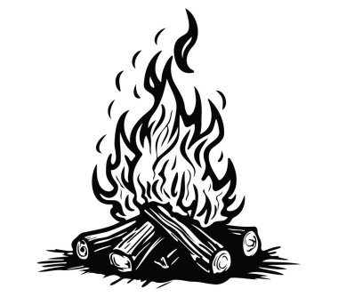 Siyah ve Beyaz Tasarımlı Ateş ve Kütüklerle Kamp Ateşi