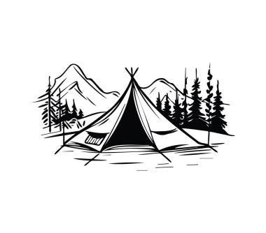 Çadır ve Dağ manzaralı Vintage Kamp Sahnesi