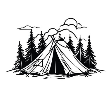Siyah ve Beyaz Çam Ağaçlı Kamp Sahnesi