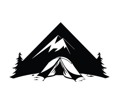 Siyah siluet içinde çadır ve dağlarla kamp sahnesi.