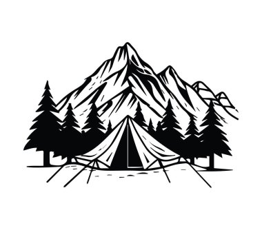 Dağ manzaralı klasik Siyah ve Beyaz Kamp Sahnesi