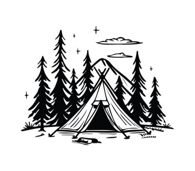 Siyah ve Beyaz Tarzlı Çadır ve Ağaçlarla Kamp Sahnesi