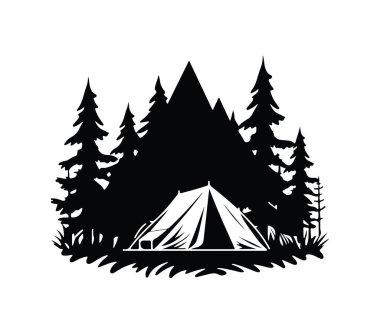 Dağlı ve Ağaçlı Kamp Macerası Silueti