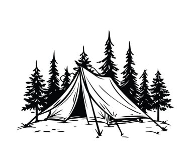 Siyah ve Beyaz Çam ağaçlarıyla çevrili kamp çadırı.