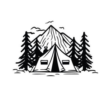 Dağlı ve çam ağaçlı doğa çadırları.