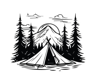 Siyah ve Beyaz Kamp Sahnesi Çadır ve Dağlarla