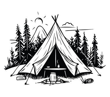Çadır, Ağaçlar ve Dağ Manzaralı Vintage Kamp Sahnesi