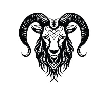 Sarmal Boynuzlu Güçlü Ram 'ın Siyah ve Beyaz Çizimi