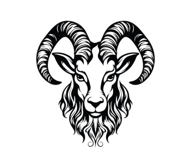 Boynuzlu Keçi Başı 'nın Biçimlendirilmiş Siyah ve Beyaz Çizimi