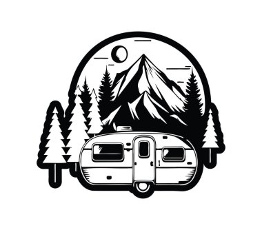 Dağlı ve Çam Ağaçlı Vintage Kamp Karavanı Tasarımı