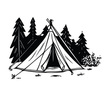 Orman Sahnesinde Uzun Çam Ağaçlarıyla çevrili Kamp Çadırı