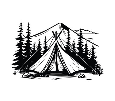 Çadır ve Çam Ağaçları Resimli Kırsal Kamp Sahnesi