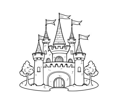 Ağaçlar ve Topraklarla çevrili Kule ve Bayraklı Zarif Şato