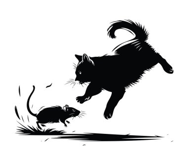 Eşsiz Sanat İçin Siyah ve Beyaz Çizimde Fare Avlayan Kedi