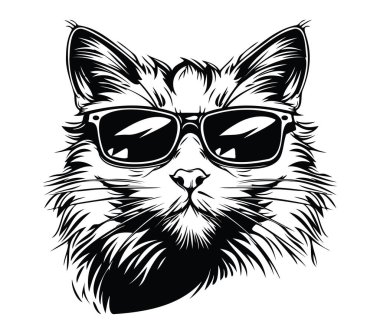 Şekil Siyah ve Beyaz Tasarım 'da Güneş Gözlüğü Giyen Havalı Kedi