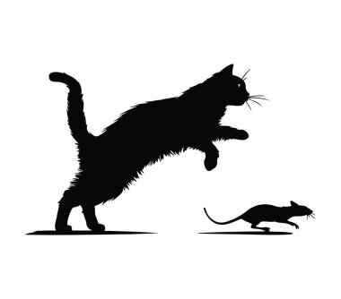 Neşeli bir kovalamaca sahnesinde Fare Yakınına Sıçrayan Kedi Silueti