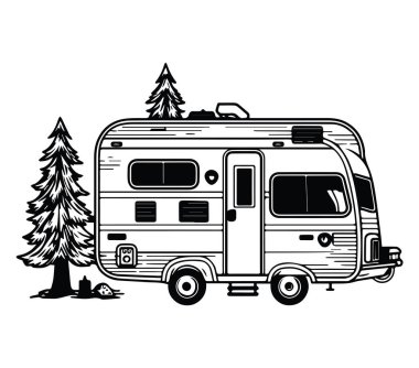 Siyah ve Beyaz Çizimde Çam Ağaçları olan Vintage Karavan