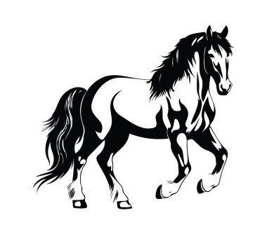 Dörtnala koşan bir atın zarif siyah beyaz tasviri