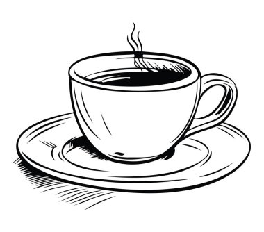 Buharlı bir kahve fincanının sade siyah ve beyaz tasviri