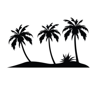 Günbatımında Tropik bir adada Üç Palmiye Ağaçlarının Silueti