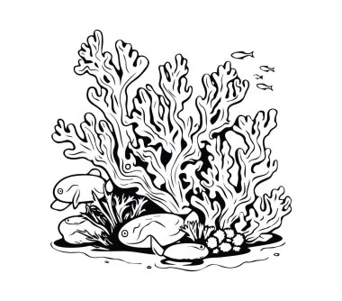 Siyah ve Beyaz Resimli Mercan ve Balıklı Sualtı Sahnesi