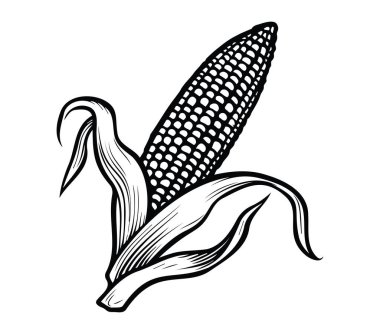 Siyah ve beyaz renkli yaprak ve çekirdekli el yapımı mısır koçanı.