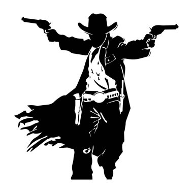 Çift tabancalı kovboy silueti, vahşi batı temalı.