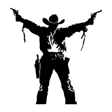 Siluette Kovboy, Çifte Pistols Vahşi Batı Sahnesinde Harekete Hazır