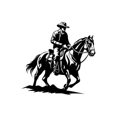 Doğal Arazide Ata Binen Kovboy 'un Siyah ve Beyaz Silueti