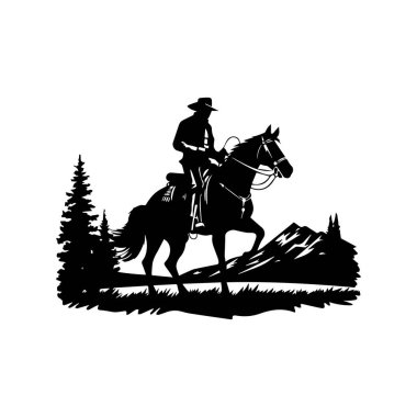 Dağ manzarasında at üstünde uçan kovboyun silueti.