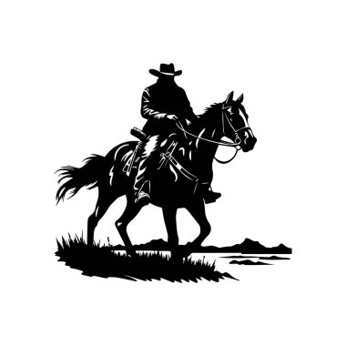 Siyah ve Beyaz Manzaraya Karşı Kovboy At Sürme Silueti