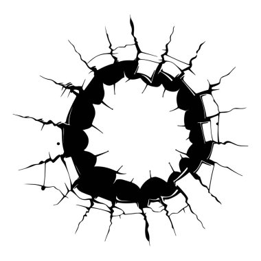 Çatlaklar ve parçalanmış kenarlarla dairesel etki, siyah ve beyaz tasarım