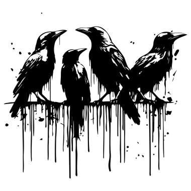 Mürekkep Sıçratan Arkaplan Tasarımlı Üç Karganın Sanatsal İllüstrasyonu