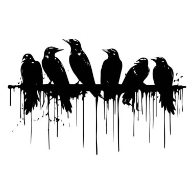 Damlayan Mürekkep Efekti Sanat Tasarımı ile Bir Şubedeki Kargaların Silueti