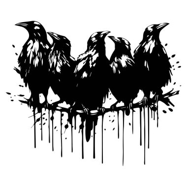 Damlayan Mürekkepli ve Grunge Tarzlı Beş Karganın Silueti