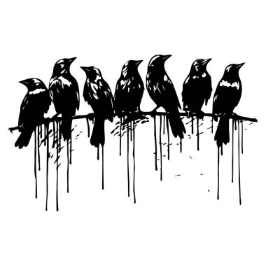 Siyah Siluet Birds on Branch with Drips of Ink Art Design