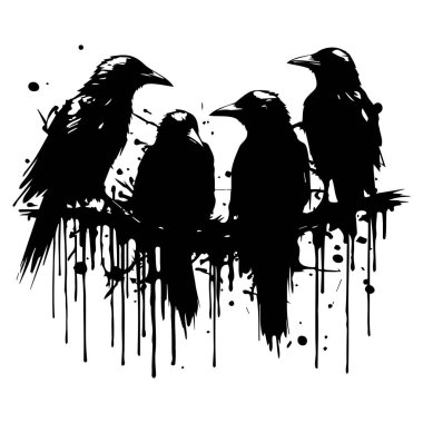 Damlayan Mürekkep Efektli Dört Karganın Silüeti