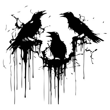 Damlayan Mürekkep Efektli Üç Sanatsal Kuzgun