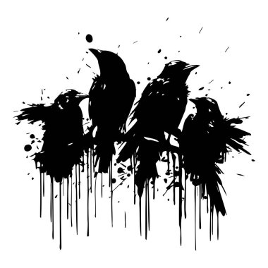 Mürekkep Sıçratma Efektli Dört Karganın Silüeti