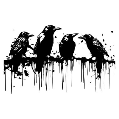 Kablodaki Dört Kuzgun 'un Silüeti Mürekkep Damlaları ve Sanatsal Efektler