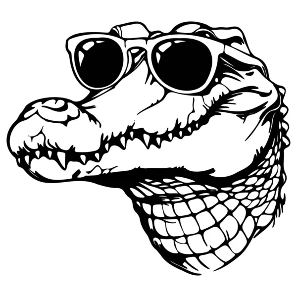 Siyah ve Beyaz Sanat Tarzı Güneş Gözlüklü Havalı Timsah Çizimi