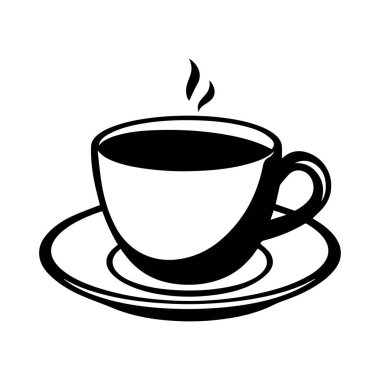 Samimi Ev Dekoru İçin Bir Tabağın Üzerinde Buharlı Bir Kahve fincanının Sanatsal Siyah ve Beyaz İllüstrasyonu