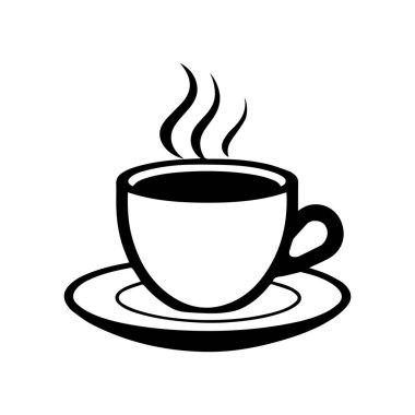 Baskı ve internet kullanımı için minimalist tarzda fincan tabağı üzerinde kaynayan bir fincan kahvenin siyah ve beyaz çizimi