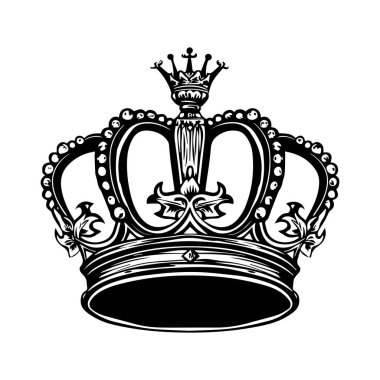 Siyah ve Beyaz Biçimli Karmaşık Tasarım ve Kraliyet Sembolizmi ile Zarif Vintage Crown Illustration