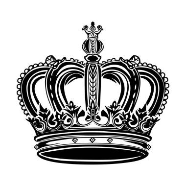 Siyah ve Beyaz Resimlerindeki Kraliyet veya Görkemli Temalar için Karmaşık Detaylarla Süslemeli Klasik Taç Tasarımı